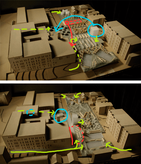 Blue shows new placement of cafe, red for projection screen and seating, and green for entrances to park. The bottom image is the final model. The blue dotted circle is the newstand.
